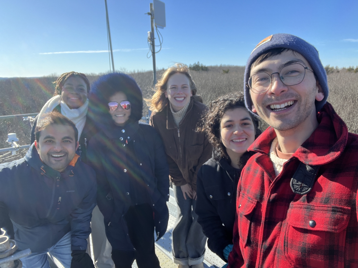 [<i>Image shows some of the 2025 winter interns with Higher Education & Lab Coordinator Ben Goulet-Scott atop the Hardwood Research Tower. From left to right: Aditya Bhayana, Hailey Akey, Spurty Kamath, Eve Farrell, Sophia Rey, and Ben Goulet-Scott.</i>]