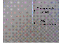 [Figure 2. Ash builds up on the thermocouple sheath and eventually clogs the system, leading to incomplete combustion. Remove the thermocouple and clean frequently]