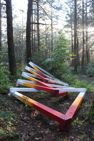 [Fast Forward Future, installation at Harvard Forest, 4 x 8 x 26 feet, wood, acrylic paint, and assorted hardware, 2017. Collaborators: Jack Byers, Dr. Aaron Ellison, Salvador Jiménez-Flores, and Salua Rivero.]