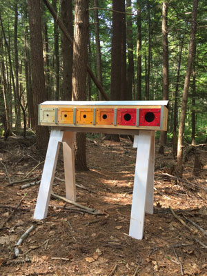 [Wayfinding Barrier, No.3, 1 x 4 x 4 feet, wood, aluminum tape, acrylic paint, assorted hardware, and recycled ant nests, 2017. Collaborators: Dr. Aaron Ellison and Salua Rivero.]