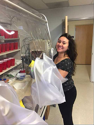 [Working in the anaerobic chamber to weigh out soil samples as well as make the substrate, L-DOPA, for the enzyme assays. Photo by Alex Gamble]