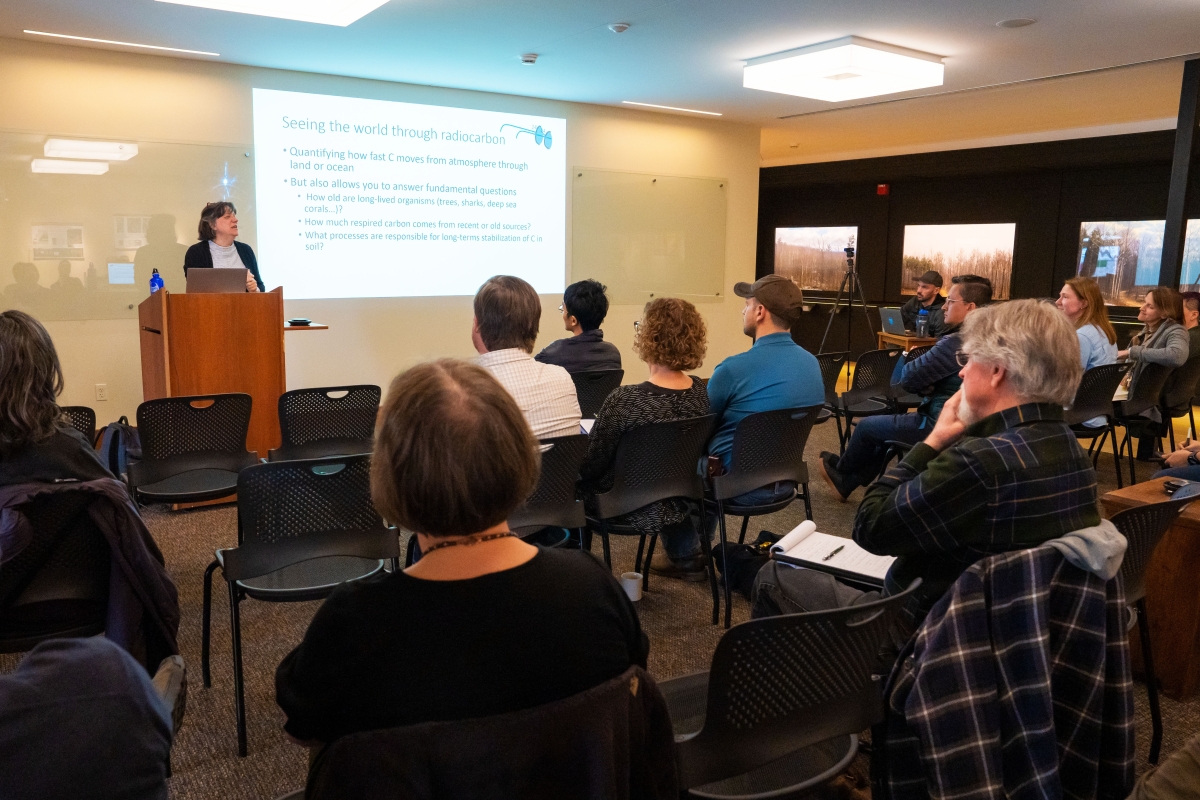 Image shows Dr. Susan Trumbore presenting at Harvard Forest