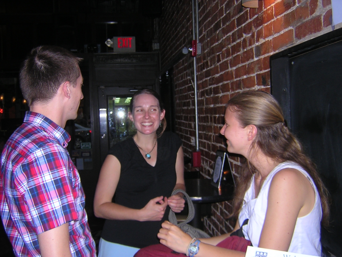 [Morgan Tingley (REU '00 & '01), Sarah Butler (current researcher and mentor for REU program), and Jen Johnson (past research assistant) chatted about current projects at the Forest]